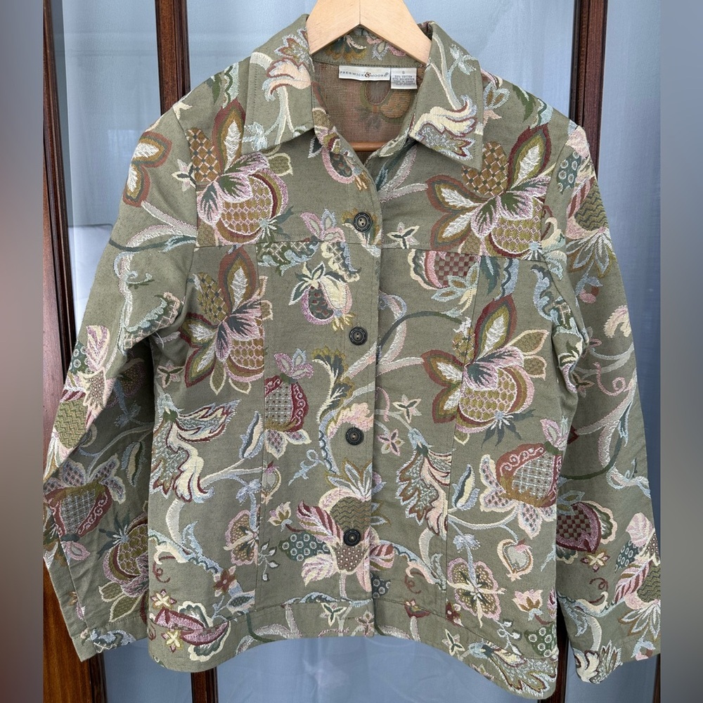 VTG Preswick & Moore Cotton Blazer Jacket Womens Small Green Tapestry Boho Artsy